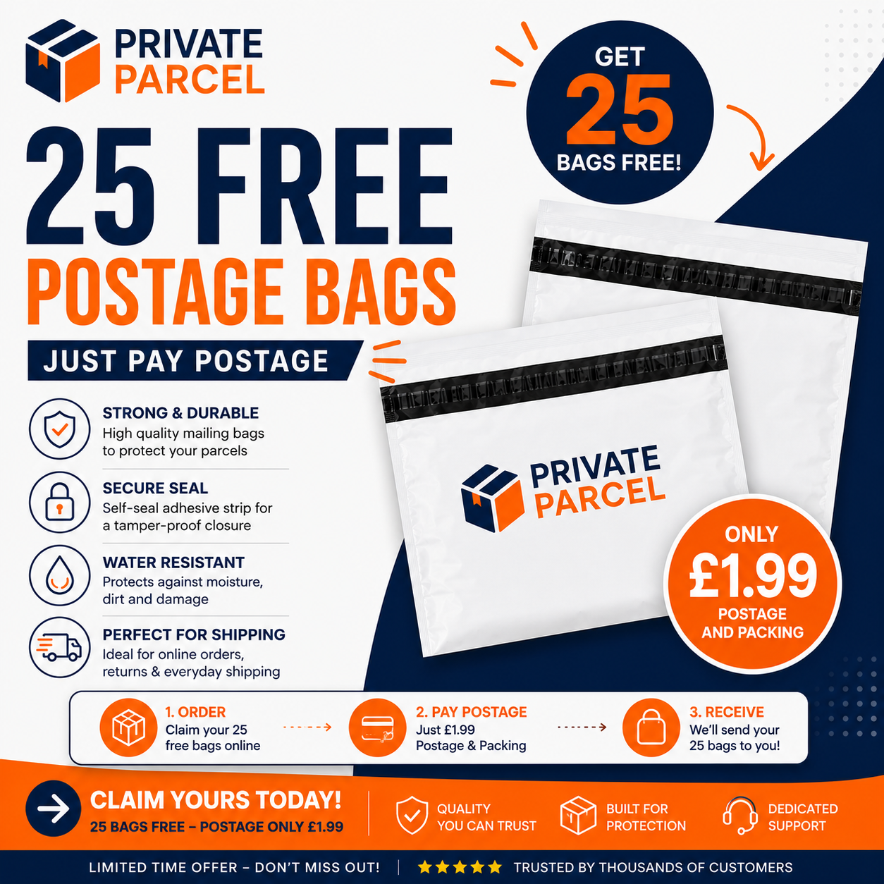 FREE 25 Pack White Postage Bag | Premium Self-Seal Mailing Bag | Just Pay Shipping