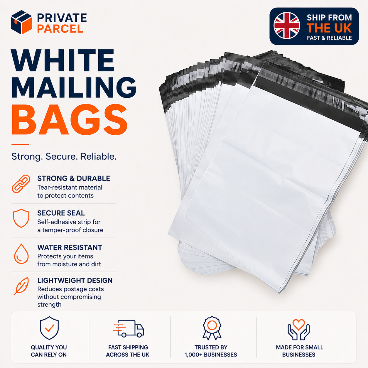 100 White Postage Bags | Strong Self-Seal Postal Bags | Heavy Duty Poly Mailers | Waterproof & Tear Resistant Shipping Bags
